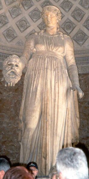 A giant Goddess Athena, wearing another god's theater mask. Early Greek post-modernism?