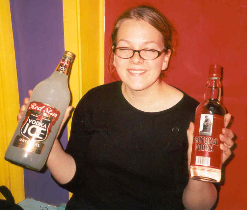 Alissa demonstrates our alcohol of choice, all commie brands ('Red Star' & 'Protocol Vodka' with a picture of Lenin on the front, but perversely made in Scotland). By the end of the night, all this alcohol was gone. Mostly because Ylva dropped it and shattered the bottle.