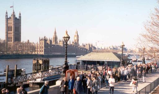 The British Parliment building, complete with the line up to file past the Queen Mum lying in state. At this point, there was an eight hour wait in line.